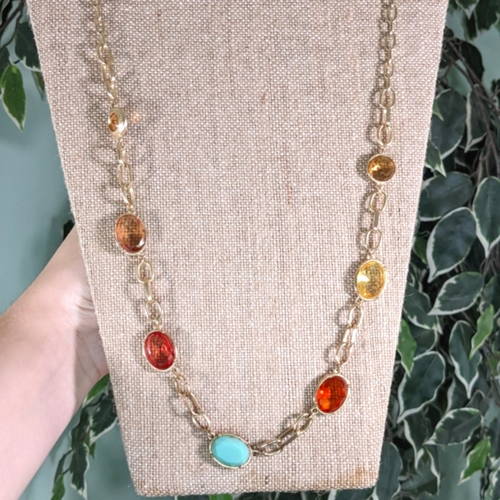 5/$18 Gem Stone Chain Gold Colored Metal Necklace